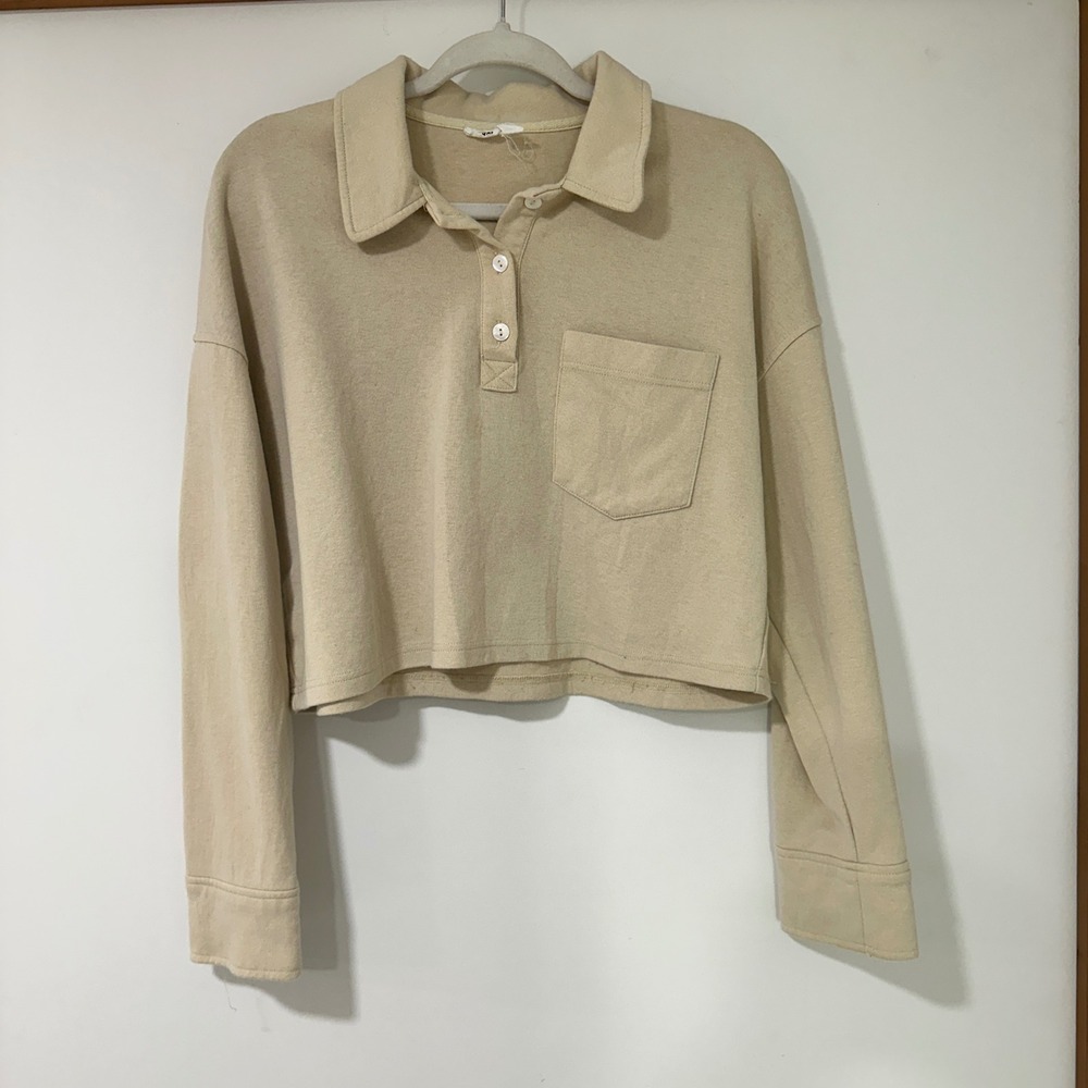 MOD REF Women L Cropped Polo Long Sleeve Shirt Beige Cotton Pocket Scandi